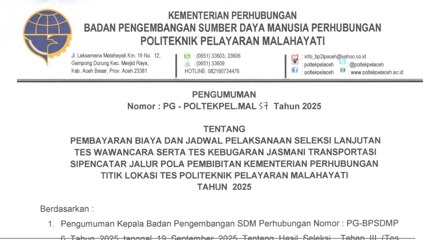 PG 57 PEMBAYARAN & JADWAL PELAKSANAAN SELEKSI WAWANCARA DAN BURJAS SIPENCATAR POLBIT TAHUN 2025